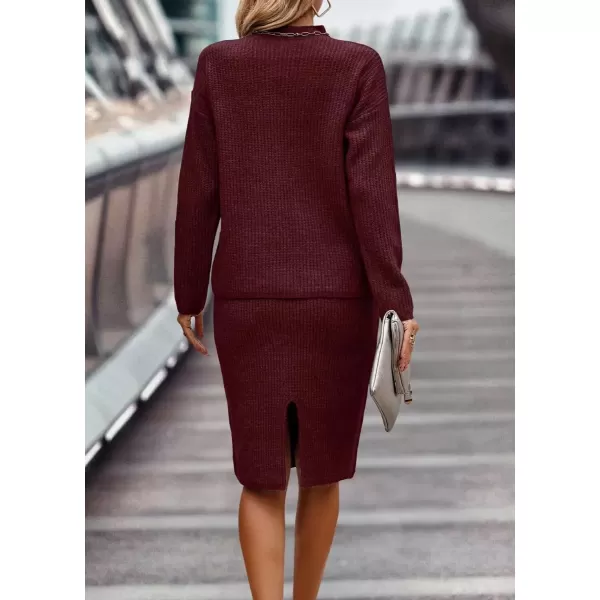 imagechouyatou Womens Fall 2 Piece Outfits Ribbed Knit Mock Neck Sweater Top Split Bodycon Pencil Skirt SetsWine Red