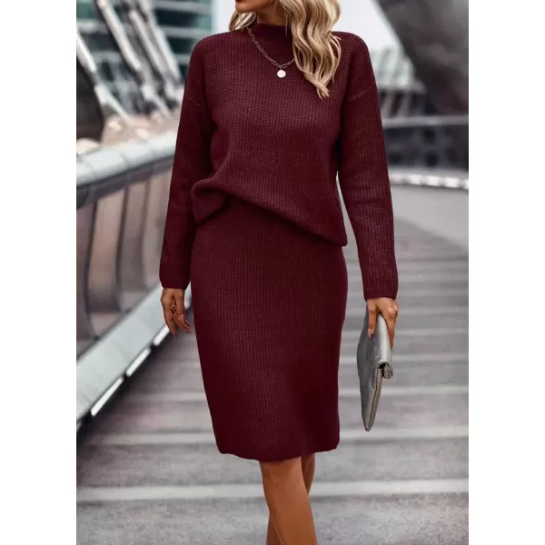 imagechouyatou Womens Fall 2 Piece Outfits Ribbed Knit Mock Neck Sweater Top Split Bodycon Pencil Skirt SetsWine Red