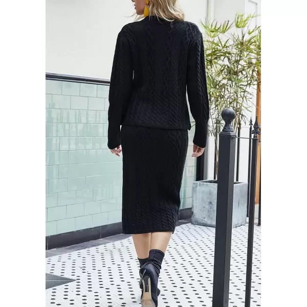 imagechouyatou Womens Fall Casual 2 Piece Outfits Cable Knit V Neck Cardigan Sweater Midi Pencil Skirt SetBlack