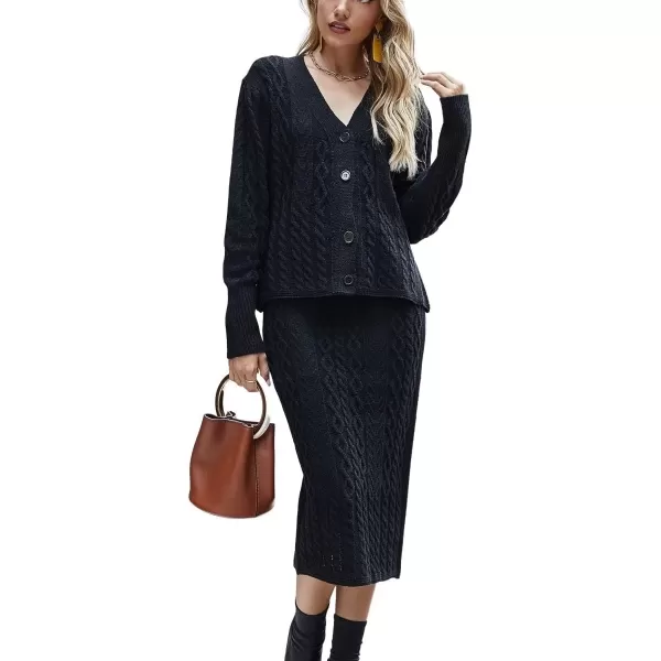 imagechouyatou Womens Fall Casual 2 Piece Outfits Cable Knit V Neck Cardigan Sweater Midi Pencil Skirt SetBlack