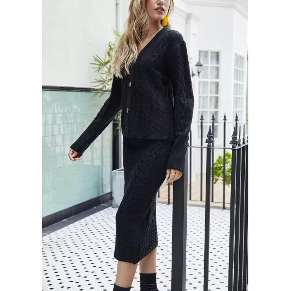 imagechouyatou Womens Fall Casual 2 Piece Outfits Cable Knit V Neck Cardigan Sweater Midi Pencil Skirt SetBlack