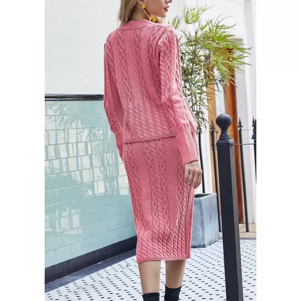 imagechouyatou Womens Fall Casual 2 Piece Outfits Cable Knit V Neck Cardigan Sweater Midi Pencil Skirt SetPink