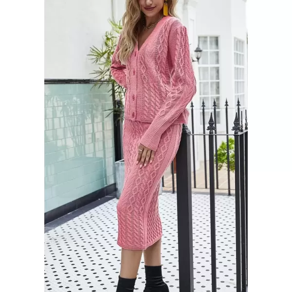 imagechouyatou Womens Fall Casual 2 Piece Outfits Cable Knit V Neck Cardigan Sweater Midi Pencil Skirt SetPink