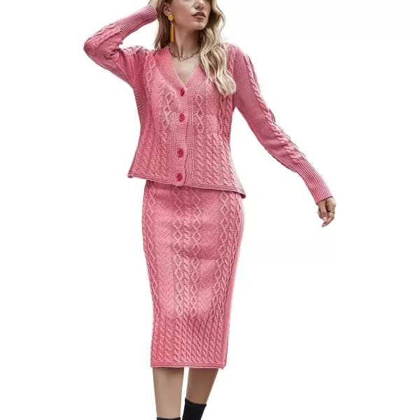 imagechouyatou Womens Fall Casual 2 Piece Outfits Cable Knit V Neck Cardigan Sweater Midi Pencil Skirt SetPink