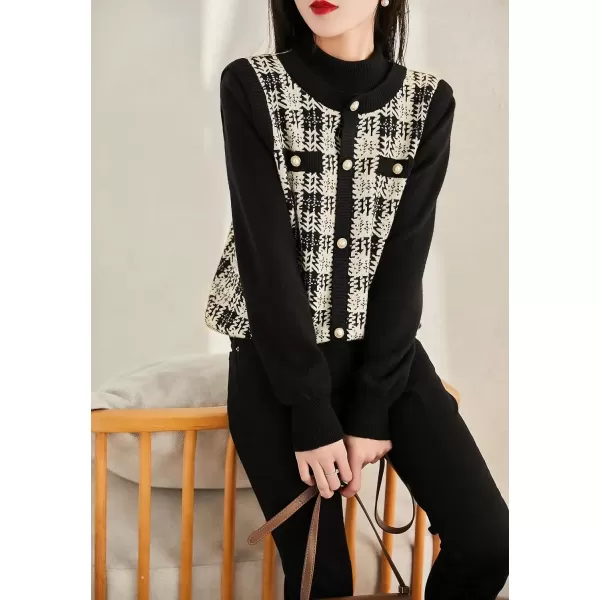imagechouyatou Womens Fall Fake 2 Piece Floral Knitted Pullover Sweater Mock Neck Business Casual Sweater TopBlack