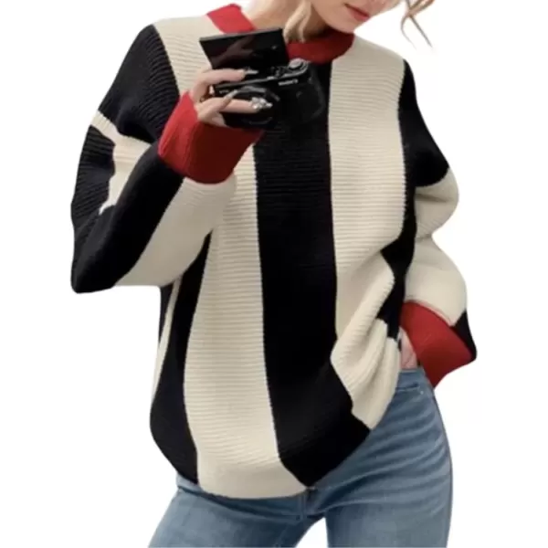 imagechouyatou Womens Fall Winter Color Block Striped Knit Loose Casual Crew Neck Pullover Sweater Jumper TopApricot
