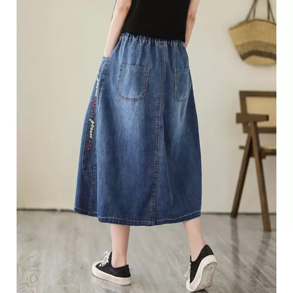imagechouyatou Womens Floral Embroidered Denim Skirt ALine Drawstring Waist Midi Long Jean Skirt with PocketsDenim Blue