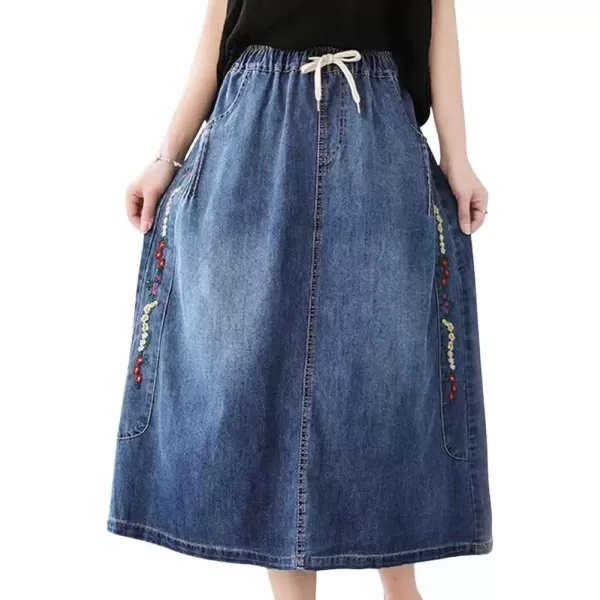 imagechouyatou Womens Floral Embroidered Denim Skirt ALine Drawstring Waist Midi Long Jean Skirt with PocketsDenim Blue