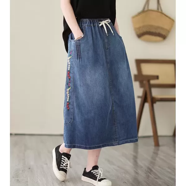 imagechouyatou Womens Floral Embroidered Denim Skirt ALine Drawstring Waist Midi Long Jean Skirt with PocketsDenim Blue