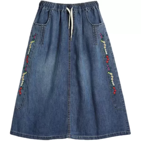imagechouyatou Womens Floral Embroidered Denim Skirt ALine Drawstring Waist Midi Long Jean Skirt with PocketsDenim Blue