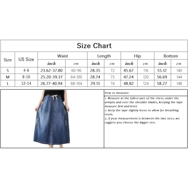 imagechouyatou Womens Floral Embroidered Denim Skirt ALine Drawstring Waist Midi Long Jean Skirt with PocketsDenim Blue