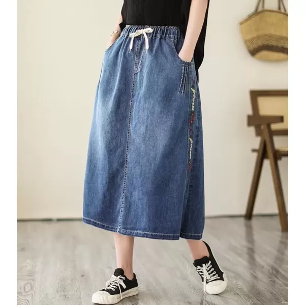 imagechouyatou Womens Floral Embroidered Denim Skirt ALine Drawstring Waist Midi Long Jean Skirt with PocketsDenim Blue