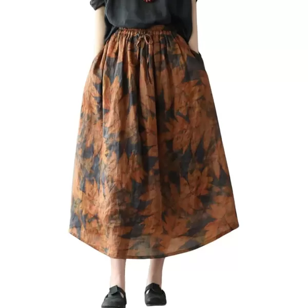 imagechouyatou Womens Floral Print Cotton Linen Swing Skirt Elastic Waist ALine Bohemian Midi Long Skirt with PocketsOrange