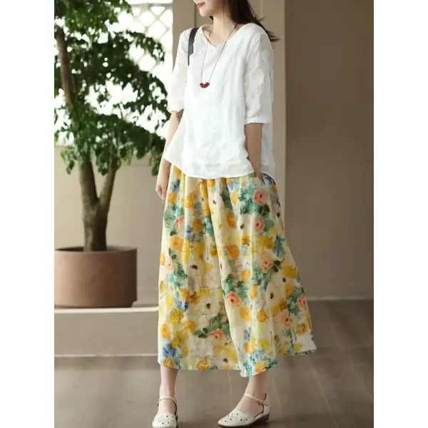 imagechouyatou Womens Floral Print Cotton Linen Swing Skirt Elastic Waist ALine Bohemian Midi Long Skirt with PocketsYellow