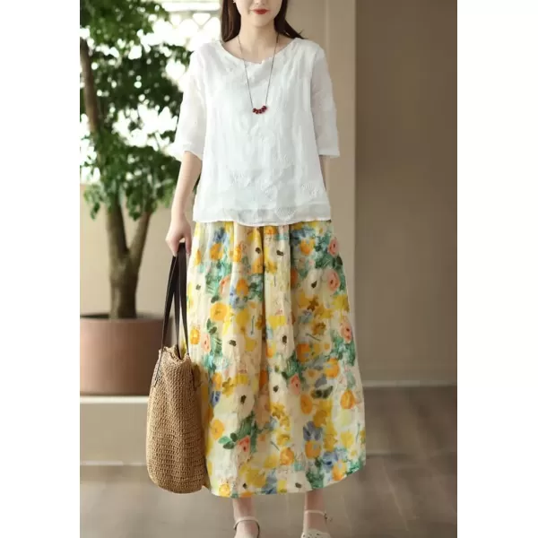 imagechouyatou Womens Floral Print Cotton Linen Swing Skirt Elastic Waist ALine Bohemian Midi Long Skirt with PocketsYellow