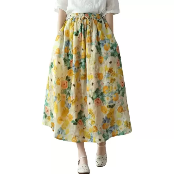 imagechouyatou Womens Floral Print Cotton Linen Swing Skirt Elastic Waist ALine Bohemian Midi Long Skirt with PocketsYellow