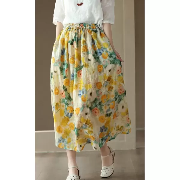 imagechouyatou Womens Floral Print Cotton Linen Swing Skirt Elastic Waist ALine Bohemian Midi Long Skirt with PocketsYellow