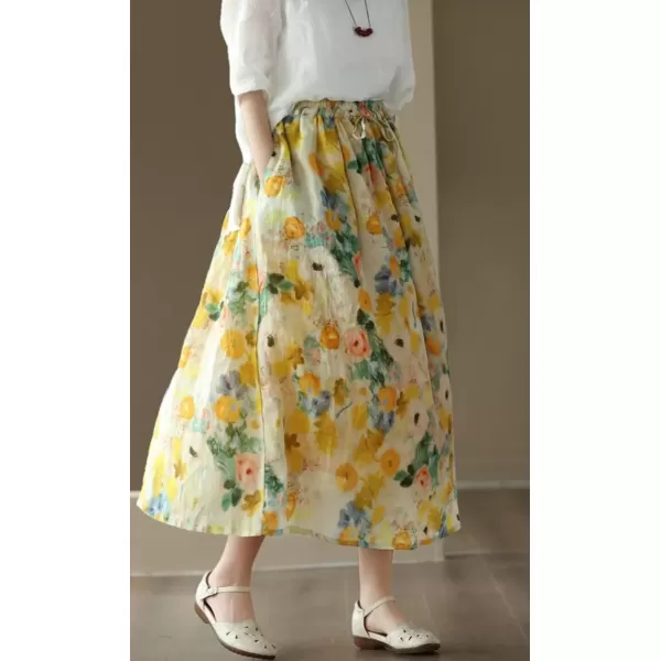imagechouyatou Womens Floral Print Cotton Linen Swing Skirt Elastic Waist ALine Bohemian Midi Long Skirt with PocketsYellow