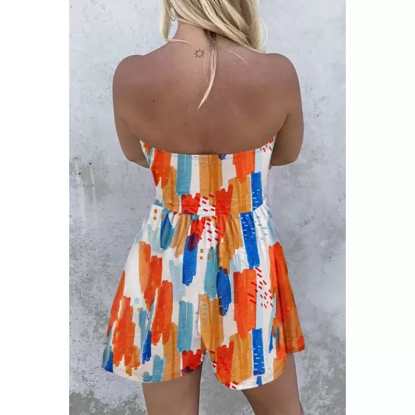 imagechouyatou Womens Floral Print Wide leg Romper Shorts Strapless Bandeau Jumpsuit Overall PantsOrange