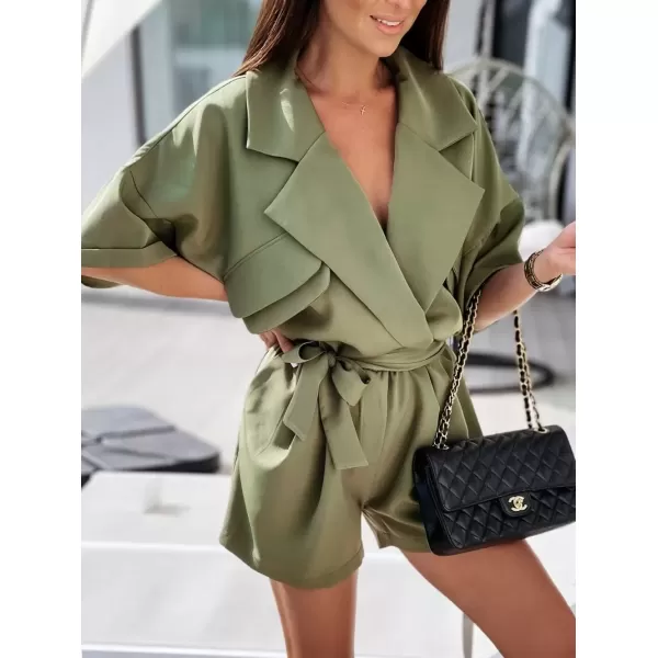 imagechouyatou Womens Notched Lapel Belted Wide Leg Jumpsuit V Neck Cuffed Short Sleeve Romper Shorts with PocketsArmy Green