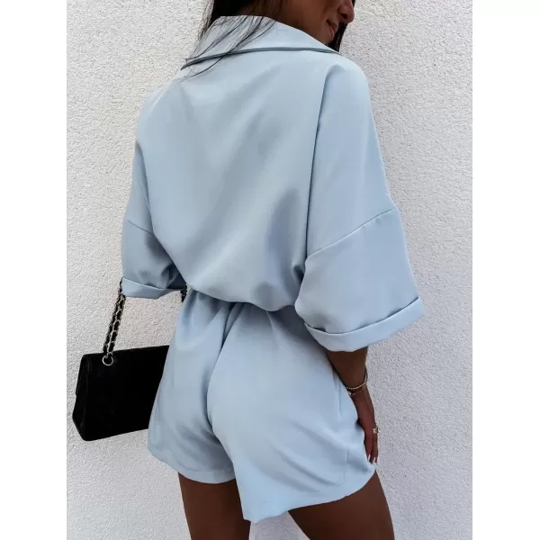 imagechouyatou Womens Notched Lapel Belted Wide Leg Jumpsuit V Neck Cuffed Short Sleeve Romper Shorts with PocketsLight Blue