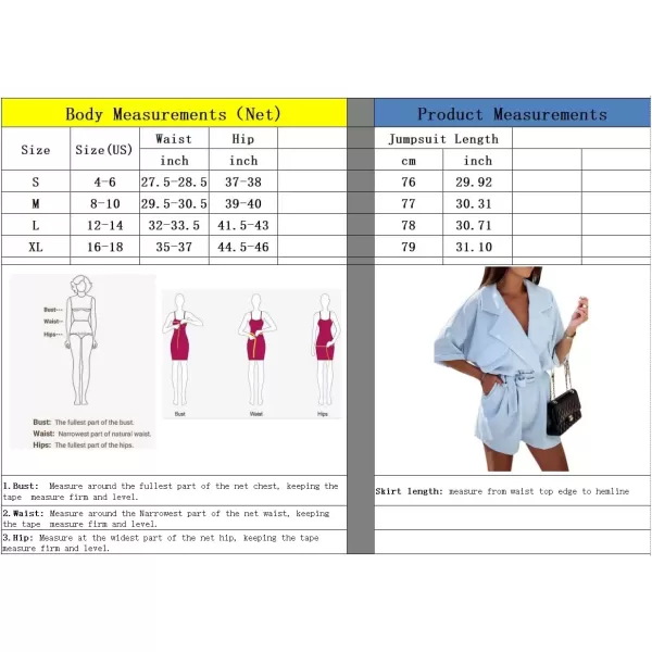 imagechouyatou Womens Notched Lapel Belted Wide Leg Jumpsuit V Neck Cuffed Short Sleeve Romper Shorts with PocketsLight Blue