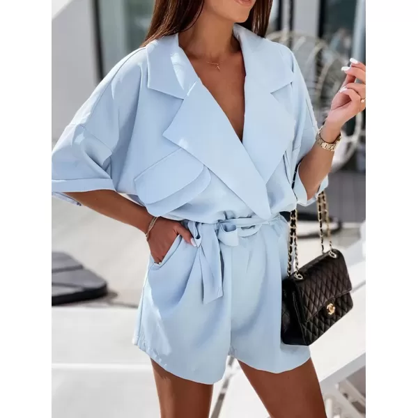 imagechouyatou Womens Notched Lapel Belted Wide Leg Jumpsuit V Neck Cuffed Short Sleeve Romper Shorts with PocketsLight Blue
