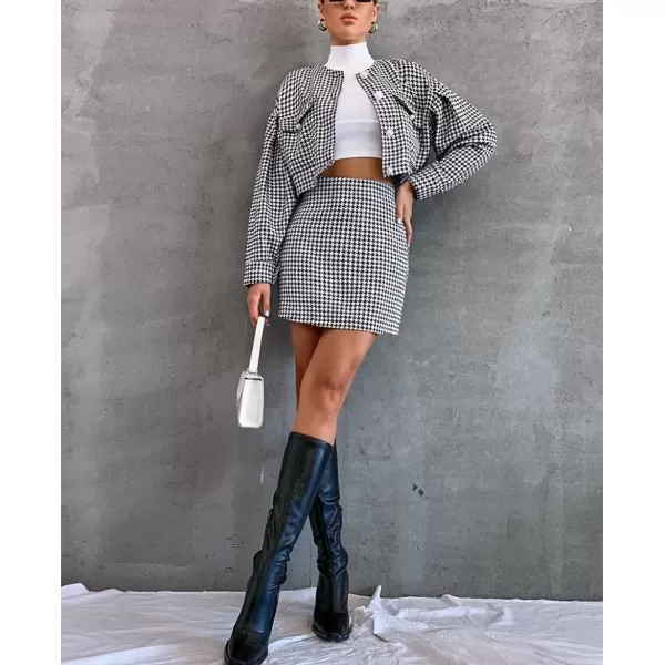 imagechouyatou Womens Office Business Suit Set 2 Piece Outfits Houndstooth Blazer and Skirt SetsBlack