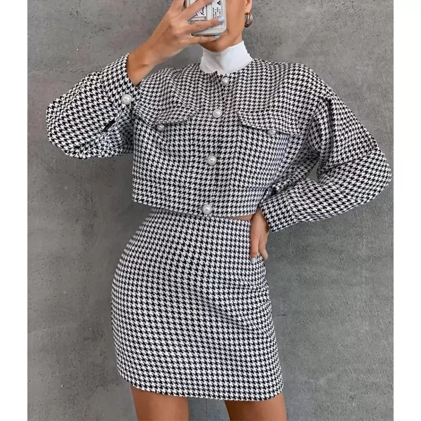 imagechouyatou Womens Office Business Suit Set 2 Piece Outfits Houndstooth Blazer and Skirt SetsBlack
