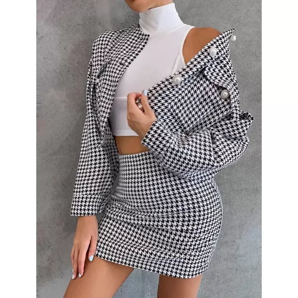 imagechouyatou Womens Office Business Suit Set 2 Piece Outfits Houndstooth Blazer and Skirt SetsBlack