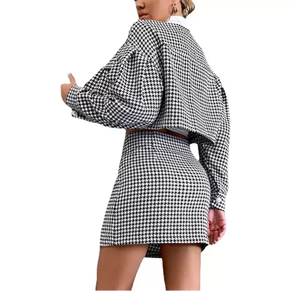 imagechouyatou Womens Office Business Suit Set 2 Piece Outfits Houndstooth Blazer and Skirt SetsBlack