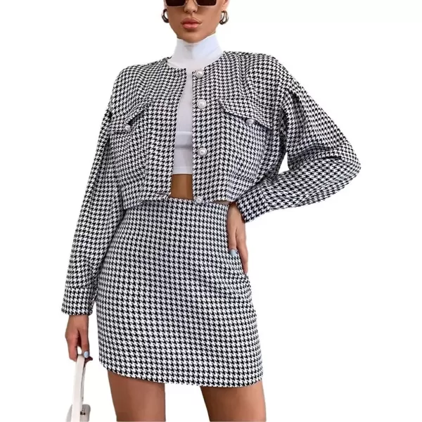 imagechouyatou Womens Office Business Suit Set 2 Piece Outfits Houndstooth Blazer and Skirt SetsBlack