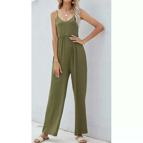 imagechouyatou Womens Sexy Adjusted Strappy Stretched Wide Legs Boho Long Beach Pants Camisole Jumpsuit OverallsArmy Green
