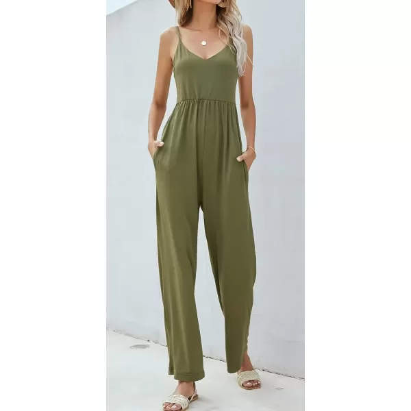 imagechouyatou Womens Sexy Adjusted Strappy Stretched Wide Legs Boho Long Beach Pants Camisole Jumpsuit OverallsArmy Green