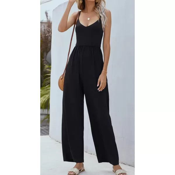 imagechouyatou Womens Sexy Adjusted Strappy Stretched Wide Legs Boho Long Beach Pants Camisole Jumpsuit OverallsBlack