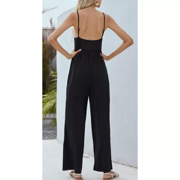 imagechouyatou Womens Sexy Adjusted Strappy Stretched Wide Legs Boho Long Beach Pants Camisole Jumpsuit OverallsBlack