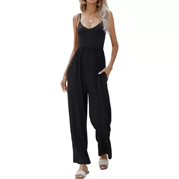 imagechouyatou Womens Sexy Adjusted Strappy Stretched Wide Legs Boho Long Beach Pants Camisole Jumpsuit OverallsBlack