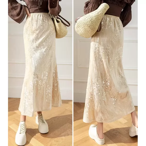 imagechouyatou Womens Sexy High Waisted Fishtail Velvet Sequin Skirt Maxi Long Cocktail Party SkirtApricot