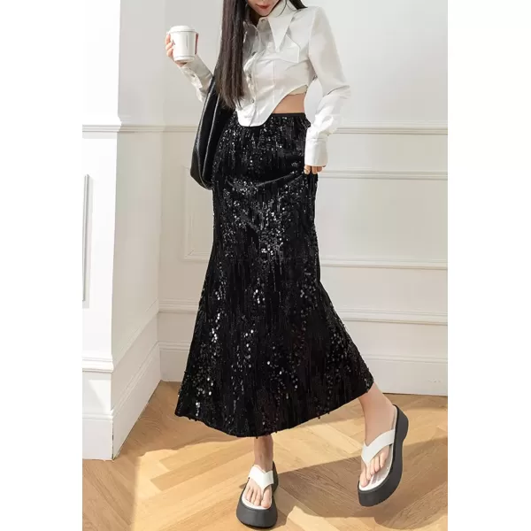 imagechouyatou Womens Sexy High Waisted Fishtail Velvet Sequin Skirt Maxi Long Cocktail Party SkirtBlack