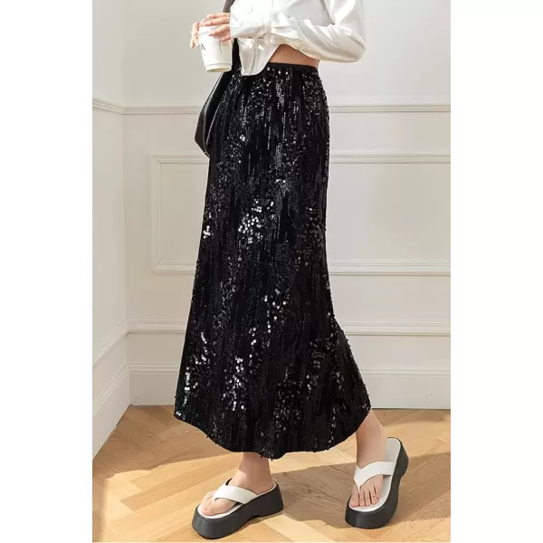 imagechouyatou Womens Sexy High Waisted Fishtail Velvet Sequin Skirt Maxi Long Cocktail Party SkirtBlack