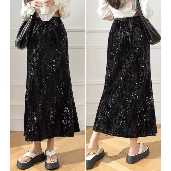 imagechouyatou Womens Sexy High Waisted Fishtail Velvet Sequin Skirt Maxi Long Cocktail Party SkirtBlack