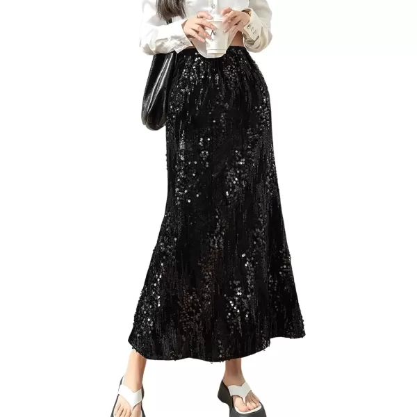 imagechouyatou Womens Sexy High Waisted Fishtail Velvet Sequin Skirt Maxi Long Cocktail Party SkirtBlack