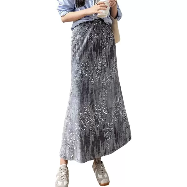 imagechouyatou Womens Sexy High Waisted Fishtail Velvet Sequin Skirt Maxi Long Cocktail Party SkirtGrey