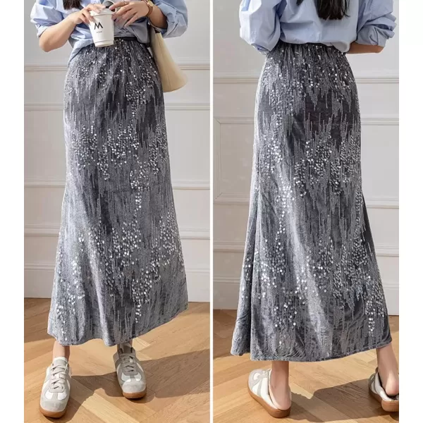 imagechouyatou Womens Sexy High Waisted Fishtail Velvet Sequin Skirt Maxi Long Cocktail Party SkirtGrey