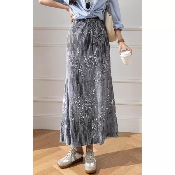 imagechouyatou Womens Sexy High Waisted Fishtail Velvet Sequin Skirt Maxi Long Cocktail Party SkirtGrey