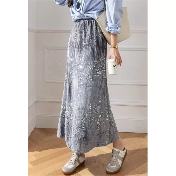 imagechouyatou Womens Sexy High Waisted Fishtail Velvet Sequin Skirt Maxi Long Cocktail Party SkirtGrey