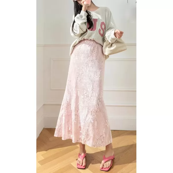 imagechouyatou Womens Sexy High Waisted Fishtail Velvet Sequin Skirt Maxi Long Cocktail Party SkirtPink