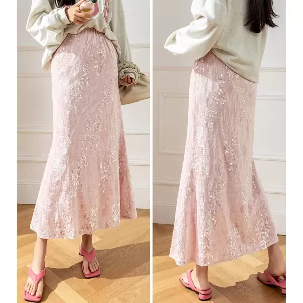 imagechouyatou Womens Sexy High Waisted Fishtail Velvet Sequin Skirt Maxi Long Cocktail Party SkirtPink