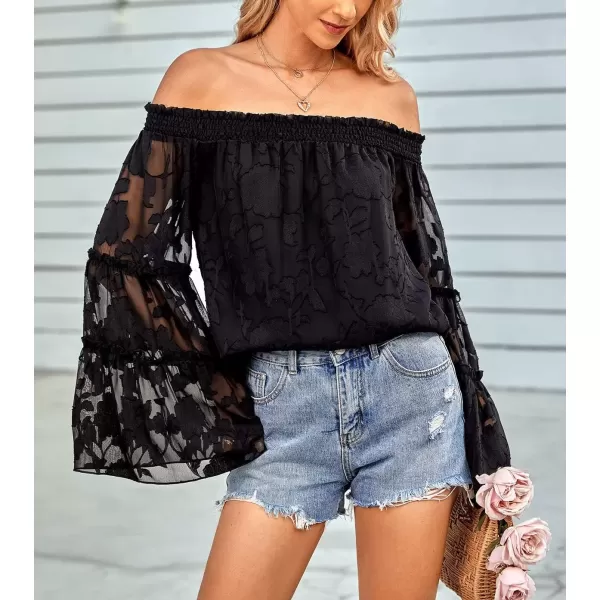 imagechouyatou Womens Sexy Off Shoulder Sheer Bell Sleeve Bohemian Floral Chiffon Blouse TopsBlack