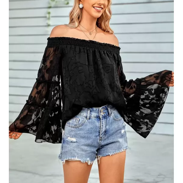 imagechouyatou Womens Sexy Off Shoulder Sheer Bell Sleeve Bohemian Floral Chiffon Blouse TopsBlack
